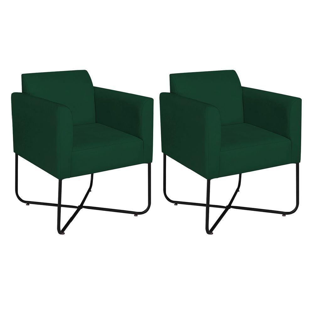 Kit 02 Poltronas Decorativas Andréia Base X Preta Suede Cor Verde - 1