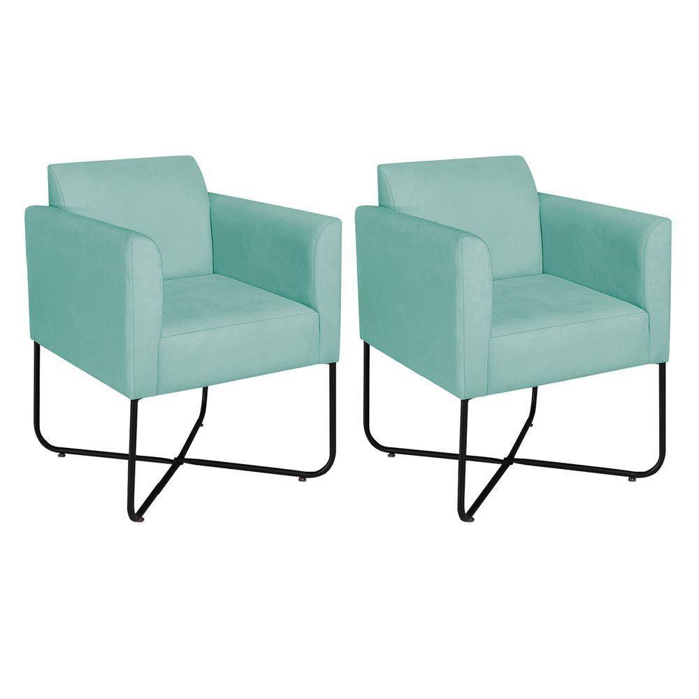 Kit 02 Poltronas Decorativas Andréia Base X Preta Suede Cor Azul Tiffany - 1