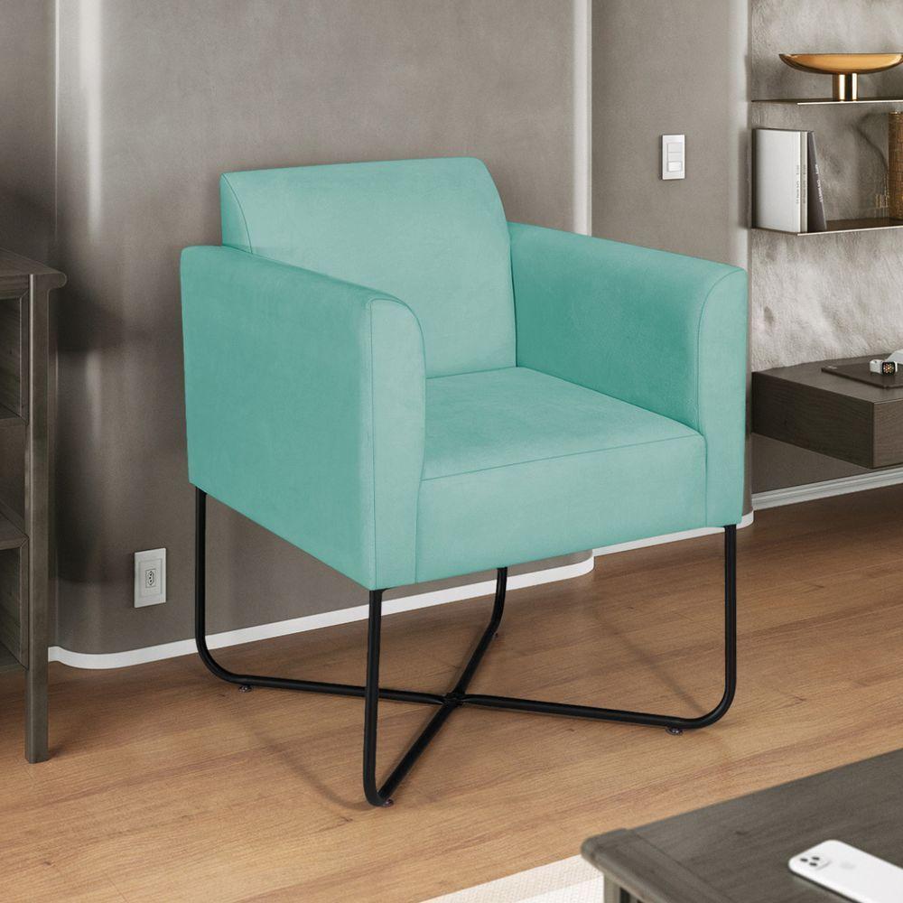 Kit 02 Poltronas Decorativas Andréia Base X Preta Suede Cor Azul Tiffany - 3