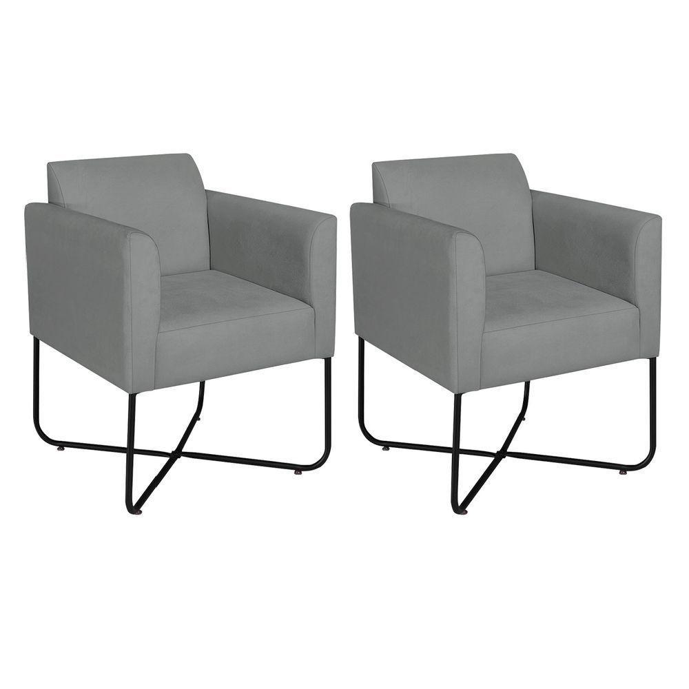 Kit 02 Poltronas Decorativas Andréia Base X Preta Suede Cor Cinza - 1