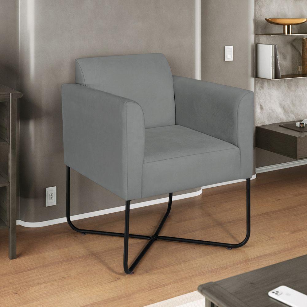 Kit 02 Poltronas Decorativas Andréia Base X Preta Suede Cor Cinza - 2