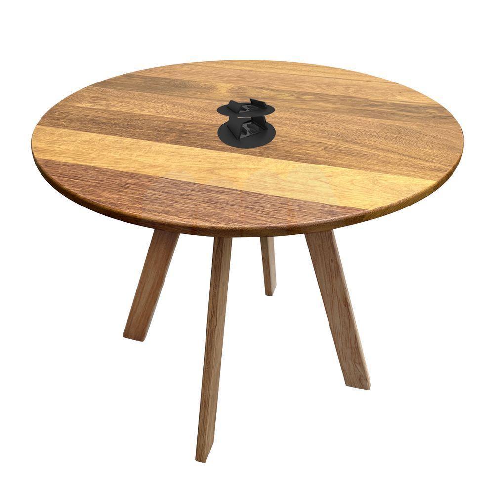 Mesa Eiffel Industrial 90cm Madeira Maciça Natural E Ferro Preto Com Caixa Para Tomada Marrom - 2