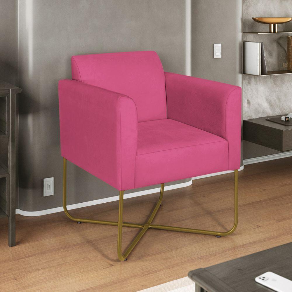 Kit 02 Poltronas Decorativas Andréia Base X Dourada Sintético Cor Pink - 2