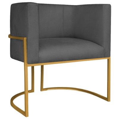 Poltrona Decorativa Luna Base De Ferro Dourado Linho Cor Cinza Escuro