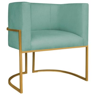Poltrona Decorativa Luna Base De Ferro Dourado Linho Cor Azul Turquesa