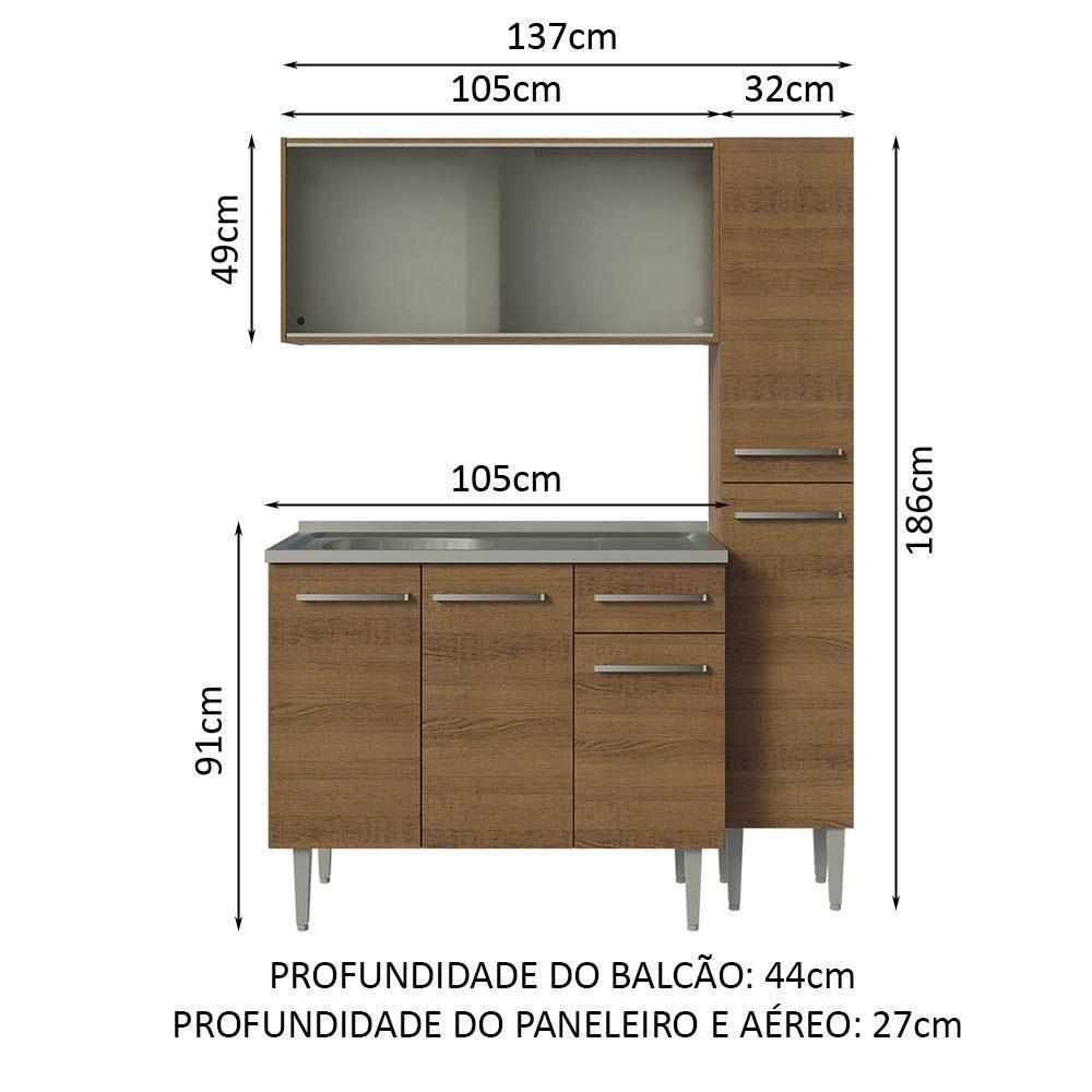 Armário De Cozinha Compacta 137cm Com Pia Rustic Emilly Madesa 07 Rustic - 7