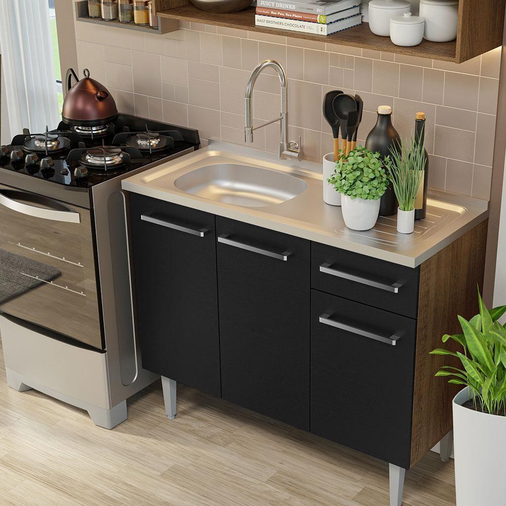 Armário De Cozinha Compacta 165cm Com Pia Rustic/preto Emilly Madesa 01 Rustic/preto - 3