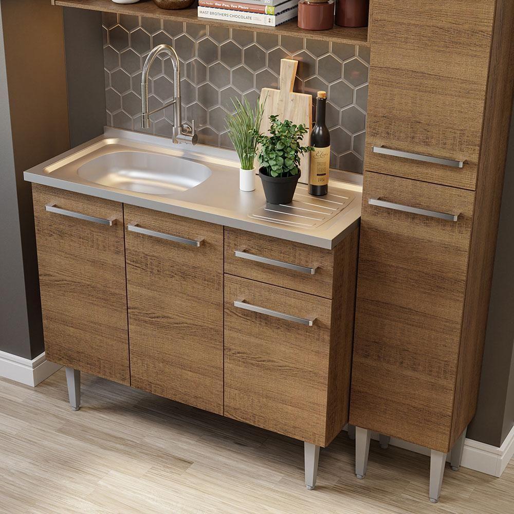 Armário De Cozinha Compacta 137cm Com Pia Rustic Emilly Madesa 10 Rustic - 9
