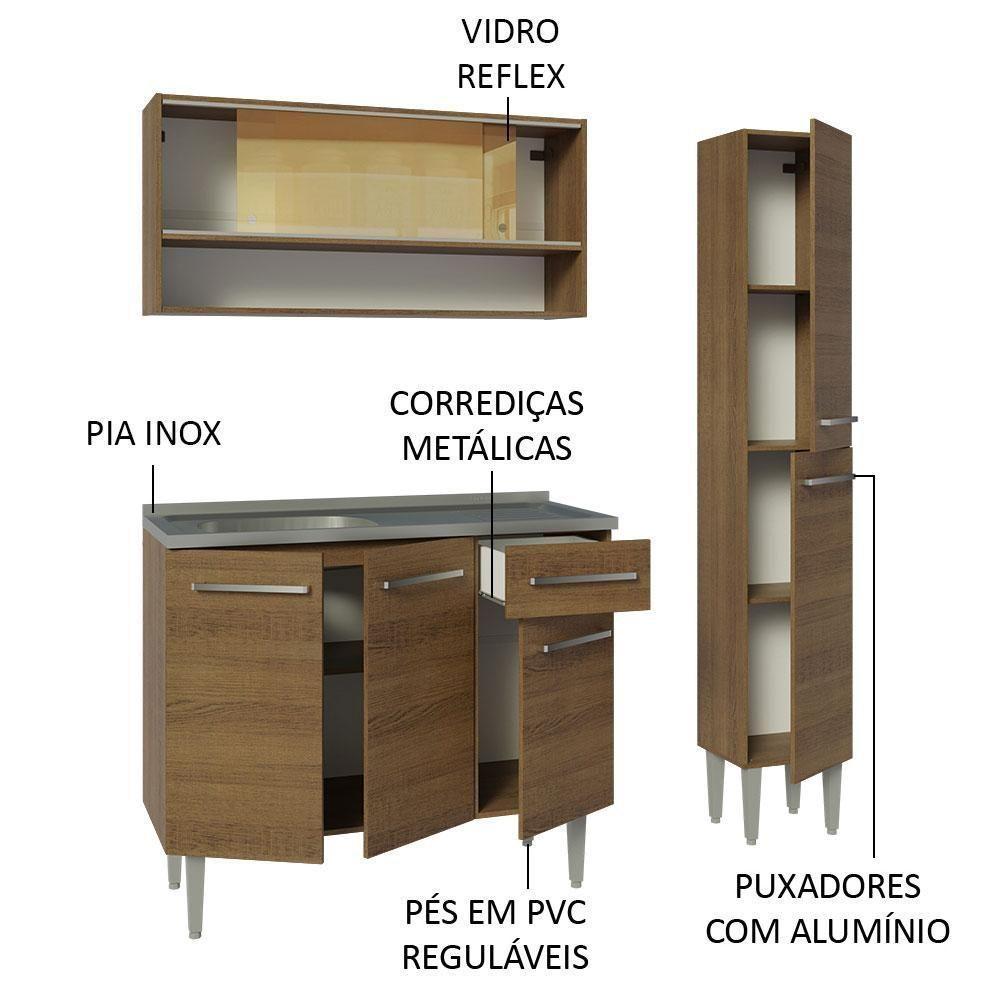 Armário De Cozinha Compacta 137cm Com Pia Rustic Emilly Madesa 10 Rustic - 10