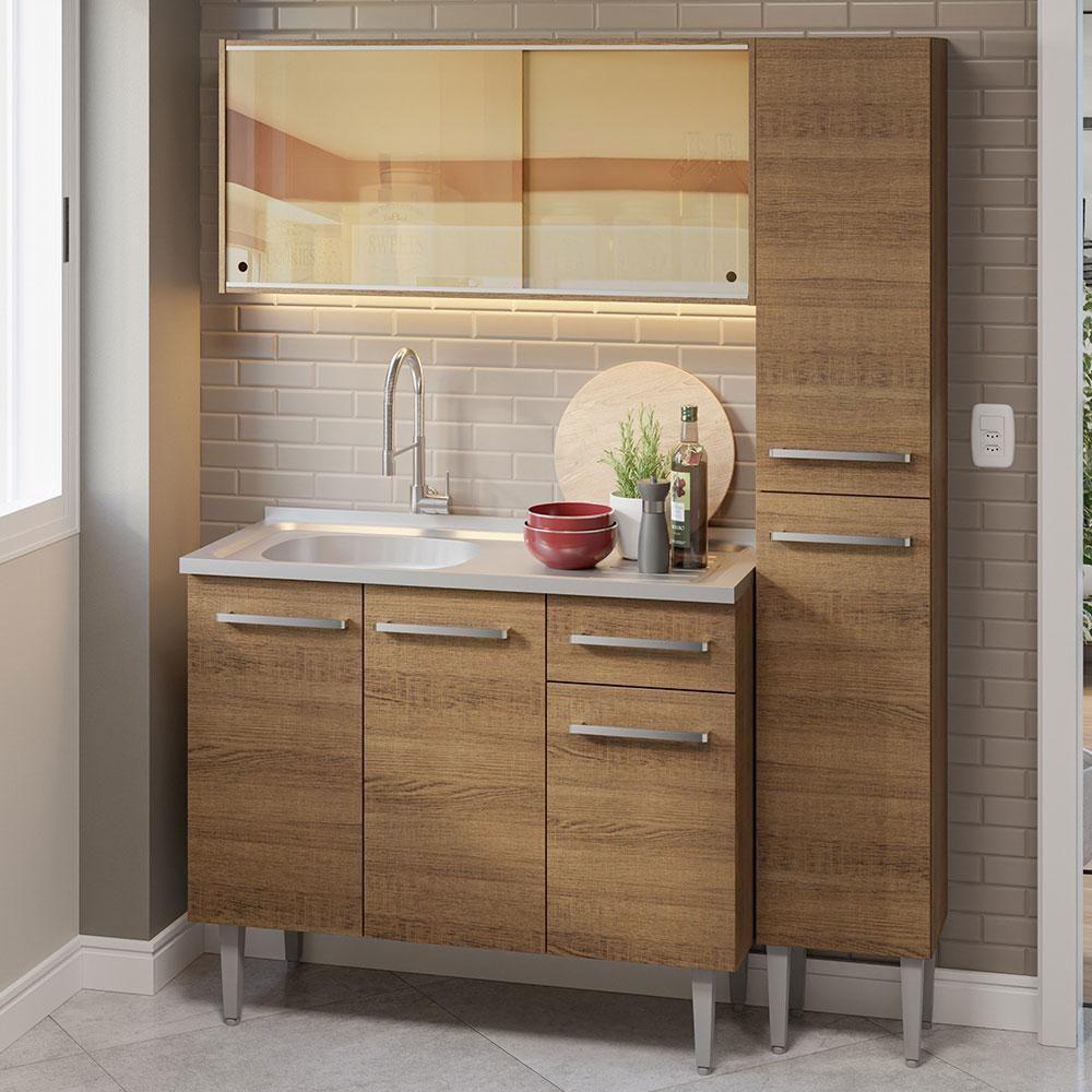 Armário De Cozinha Compacta 137cm Com Pia Rustic Emilly Madesa 08 Rustic - 1
