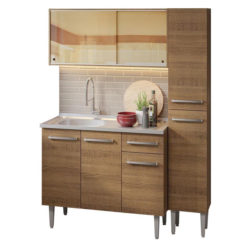 Armário De Cozinha Compacta 137cm Com Pia Rustic Emilly Madesa 08 Rustic - 8