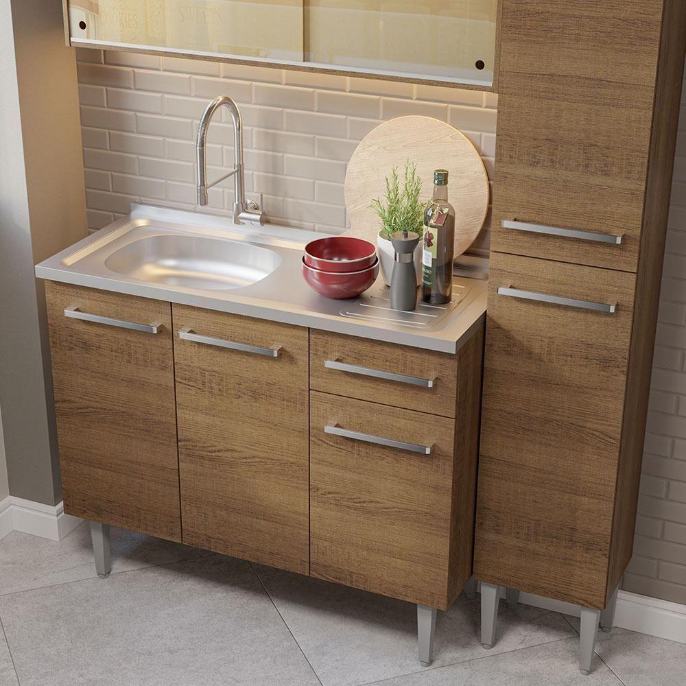 Armário De Cozinha Compacta 137cm Com Pia Rustic Emilly Madesa 08 Rustic - 9