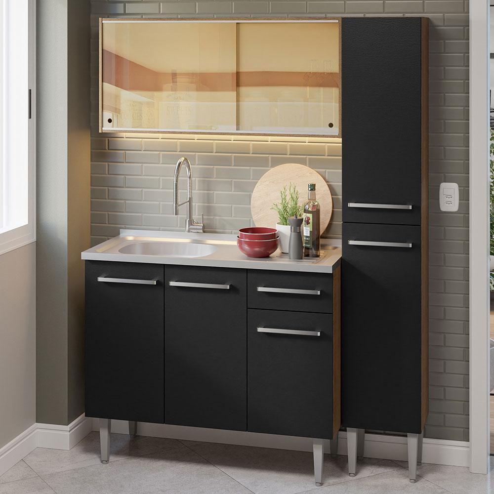 Armário De Cozinha Compacta 137cm Com Pia Rustic/preto Emilly Madesa 08 Rustic/preto - 1