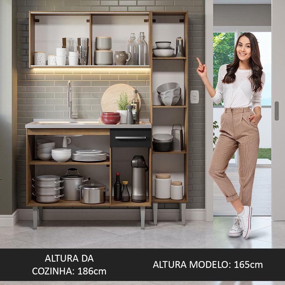 Armário De Cozinha Compacta 137cm Com Pia Rustic/preto Emilly Madesa 08 Rustic/preto - 2