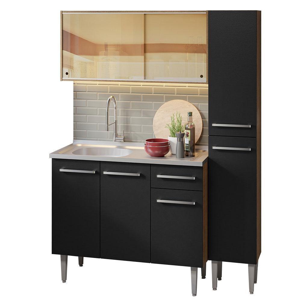 Armário De Cozinha Compacta 137cm Com Pia Rustic/preto Emilly Madesa 08 Rustic/preto - 5