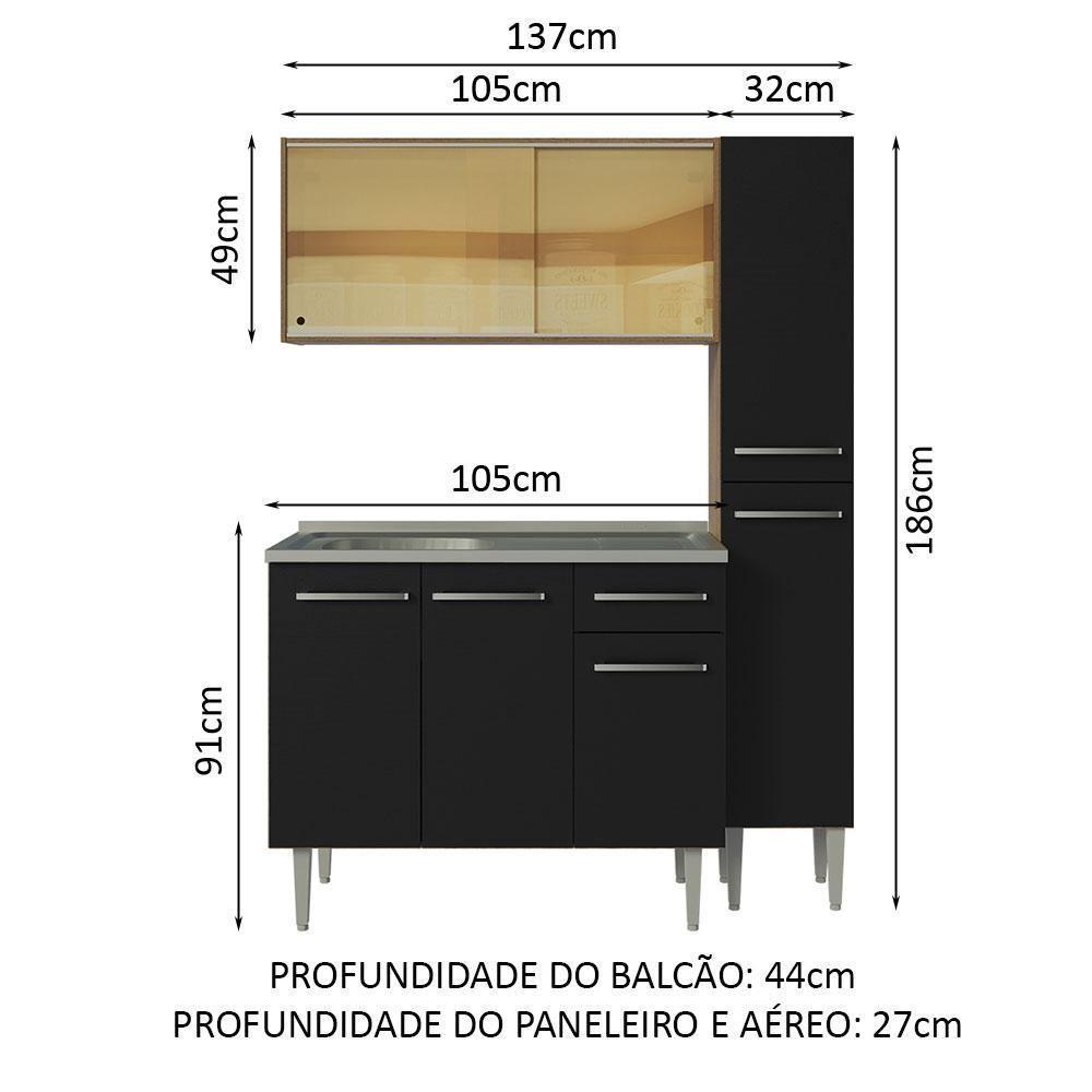 Armário De Cozinha Compacta 137cm Com Pia Rustic/preto Emilly Madesa 08 Rustic/preto - 10