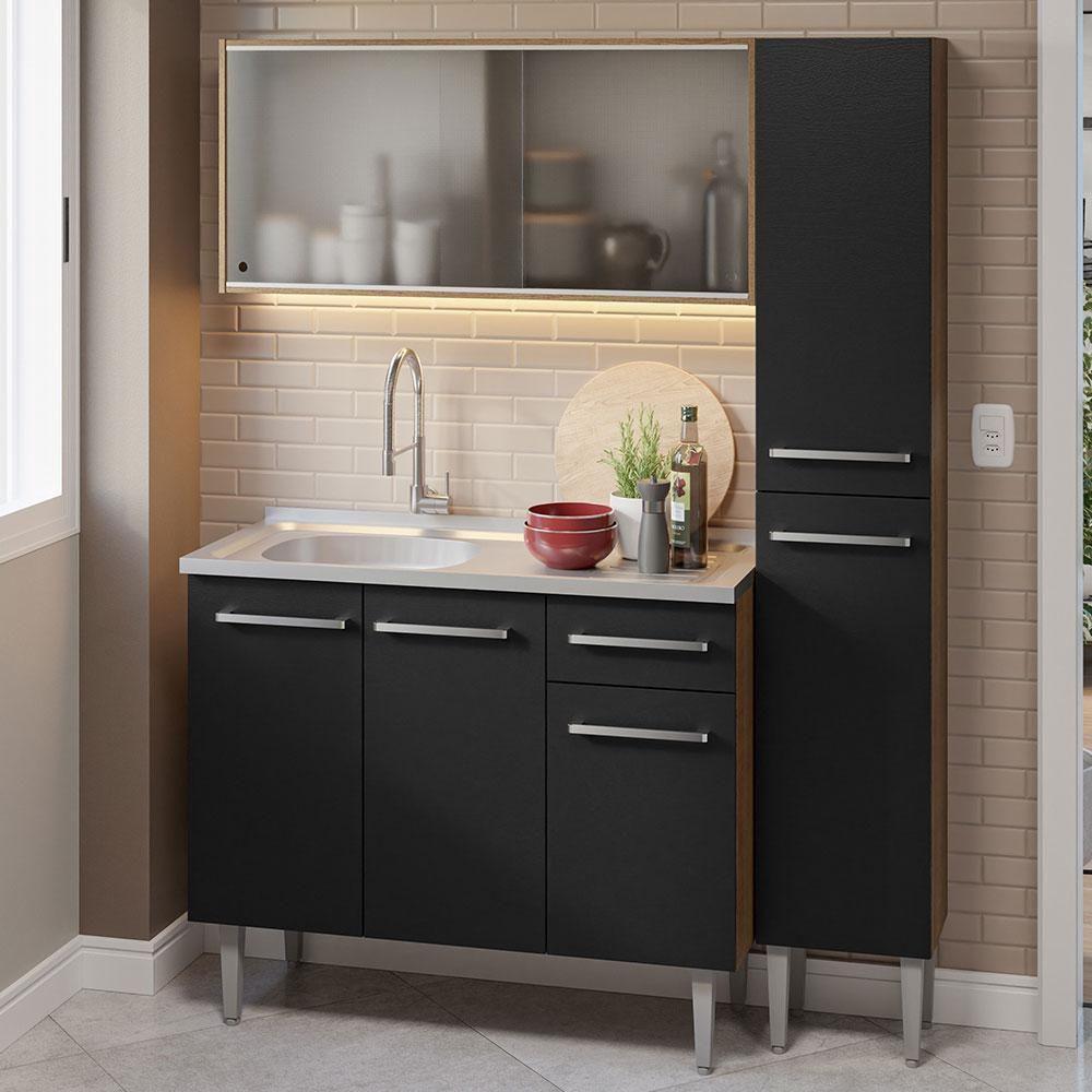 Armário De Cozinha Compacta 137cm Com Pia Rustic/preto Emilly Madesa 07 Rustic/preto - 1
