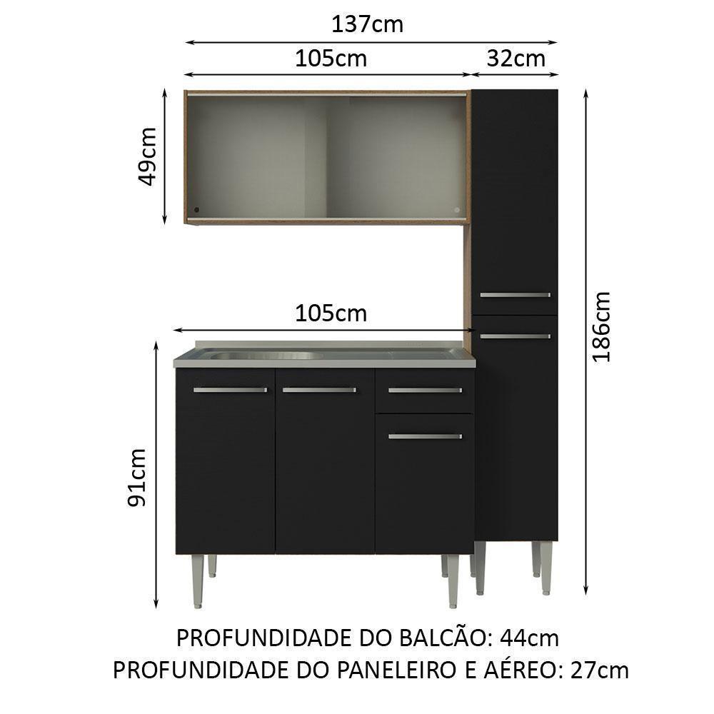 Armário De Cozinha Compacta 137cm Com Pia Rustic/preto Emilly Madesa 07 Rustic/preto - 3