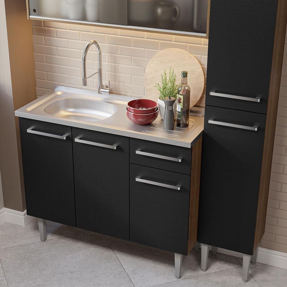 Armário De Cozinha Compacta 137cm Com Pia Rustic/preto Emilly Madesa 07 Rustic/preto - 5