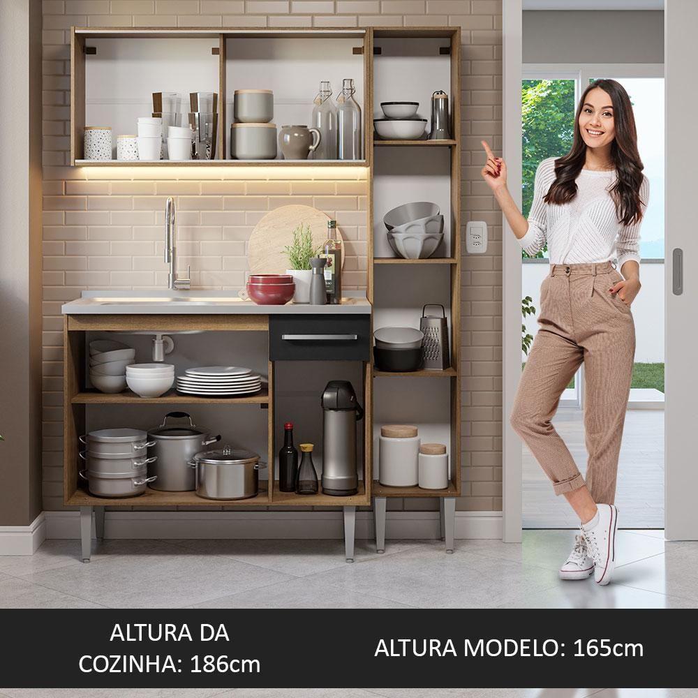 Armário De Cozinha Compacta 137cm Com Pia Rustic/preto Emilly Madesa 07 Rustic/preto - 9
