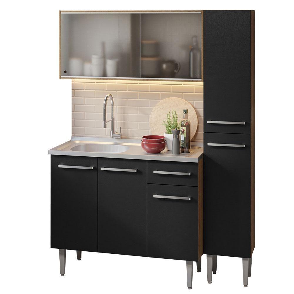 Armário De Cozinha Compacta 137cm Com Pia Rustic/preto Emilly Madesa 07 Rustic/preto - 10
