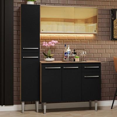 Armário de Cozinha Compacta Emilly 7 Portas 1 Gaveta MDP 137cm Preto Rustic