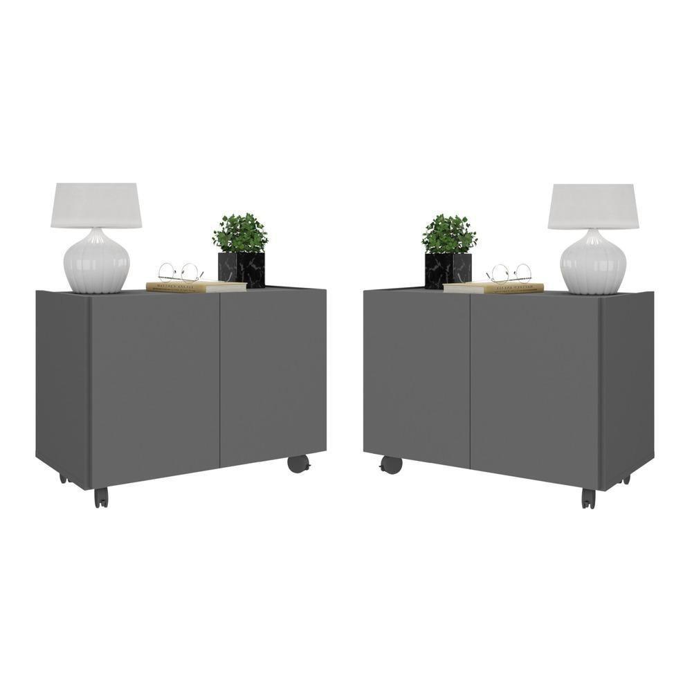 Kit 2 Mesas De Cabeceira Com Rodízios 2 Portas Mp4136 Grafite Grafite - 1