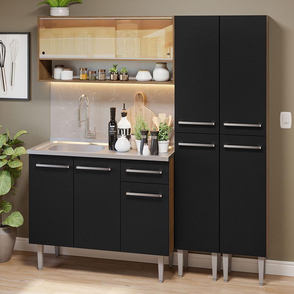 Armário De Cozinha Compacta 169cm Com Pia Rustic/preto Emilly Madesa 14 Rustic/preto - 1