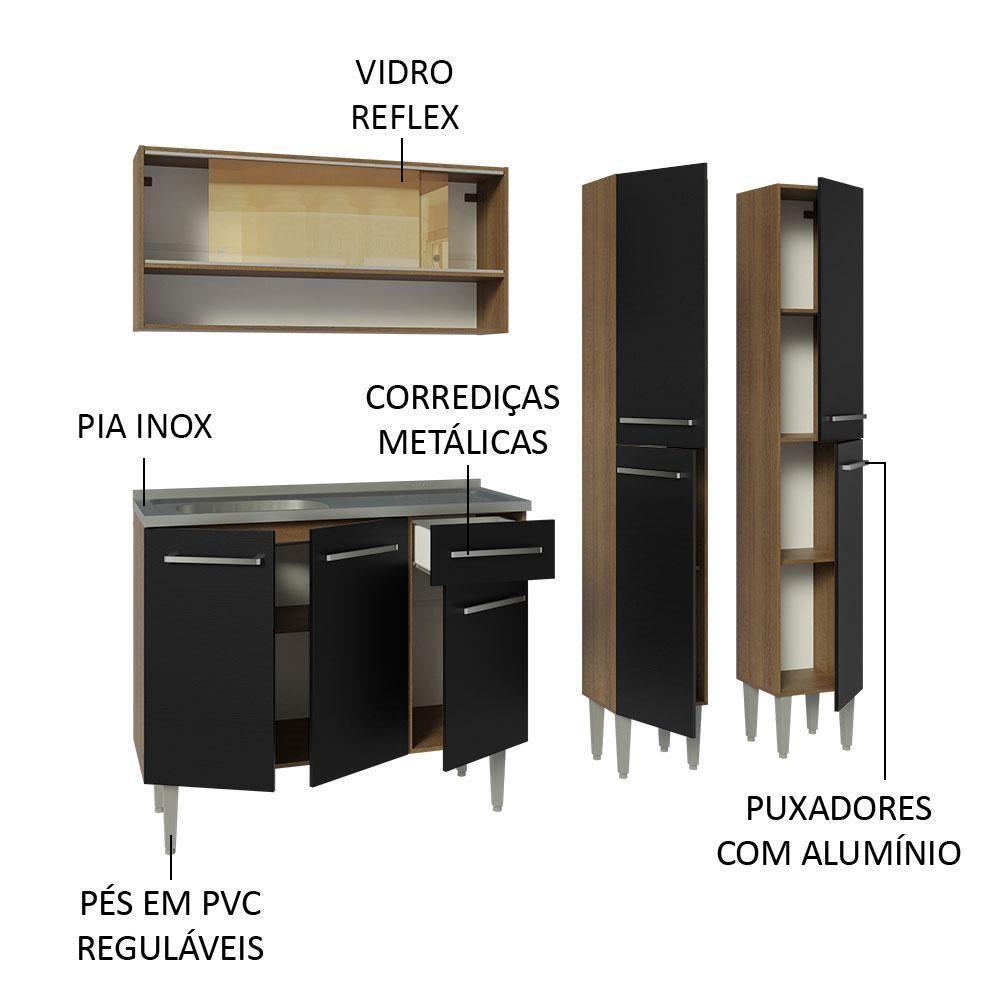 Armário De Cozinha Compacta 169cm Com Pia Rustic/preto Emilly Madesa 14 Rustic/preto - 4
