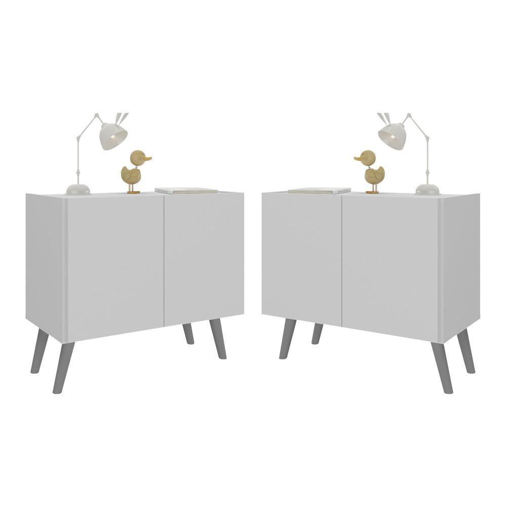 Kit 2 Mesas De Cabeceira Retrô 2 Portas Mp4138 Branco cinza Branco cinza - 1