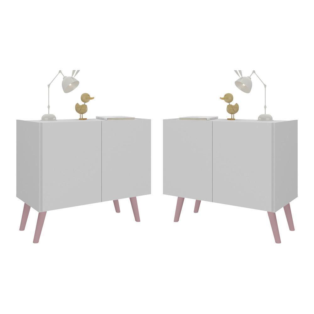 Kit 2 Mesas De Cabeceira Retrô 2 Portas Mp4138 Branco rosa Branco rosa - 1