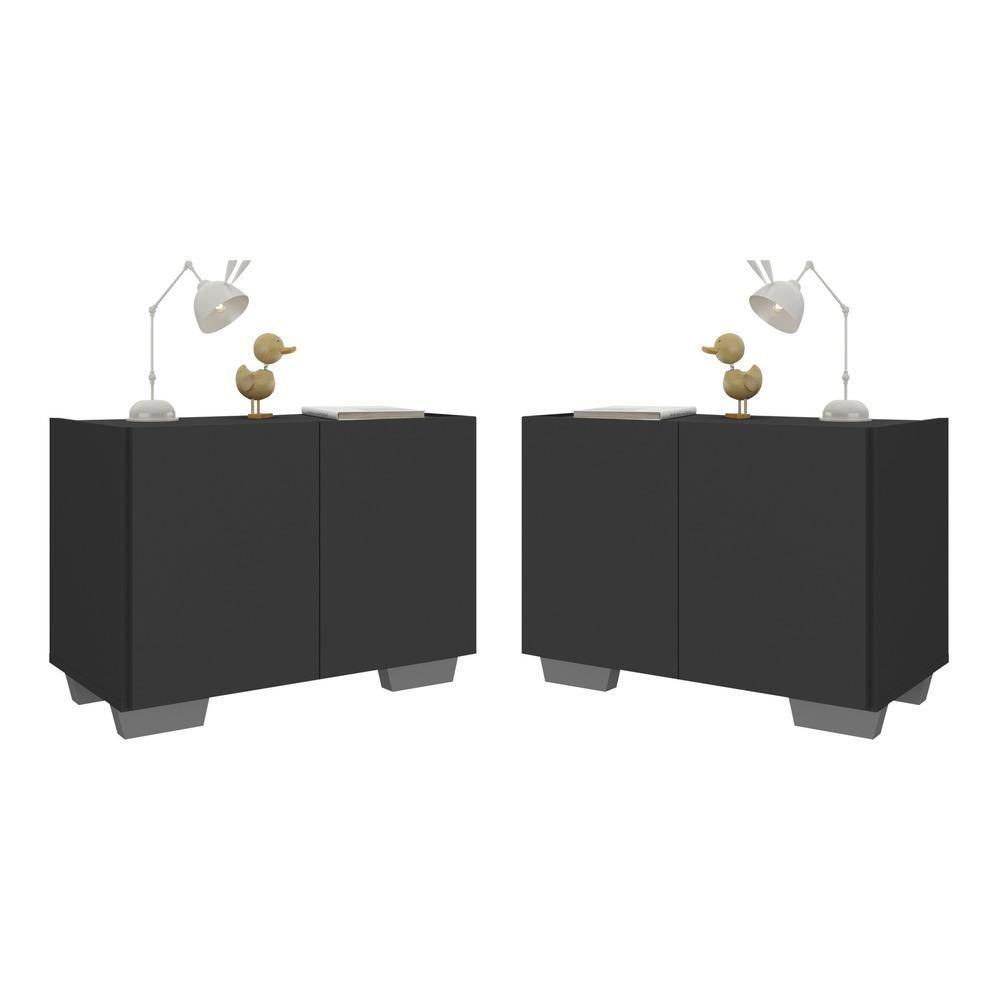 Kit 2 Mesas De Cabeceira 2 Portas E Pés Mp4139 Preto cinza Preto cinza - 1