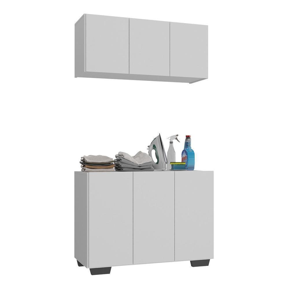 Conjunto Lavanderia Multiuso Armário Aéreo E Balcão Mp5051 Branco preto - 1