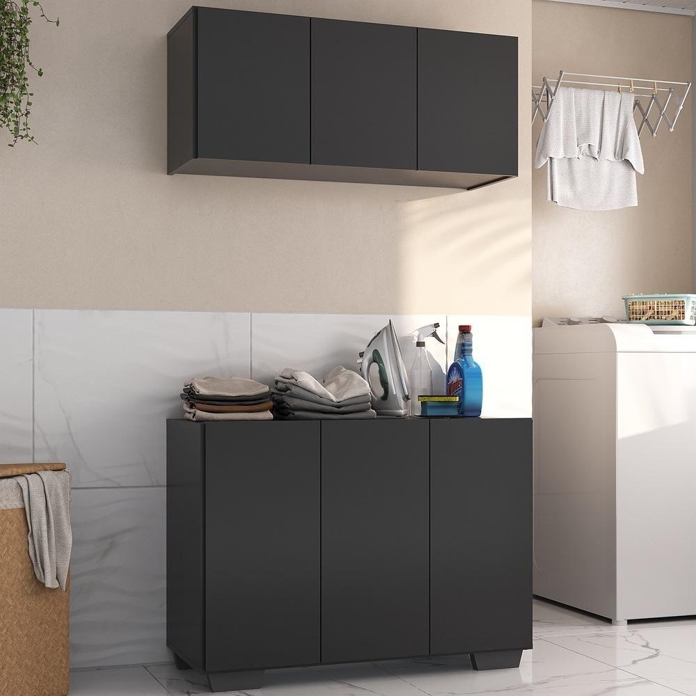 Conjunto Lavanderia Multiuso Armário Aéreo E Balcão Mp5051 Preto Preto - 4