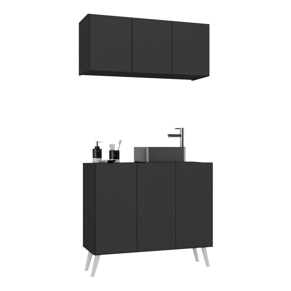 Conjunto Gabinete De Banheiro E Armário Aéreo Retrô Mp5055 Preto branco - 1