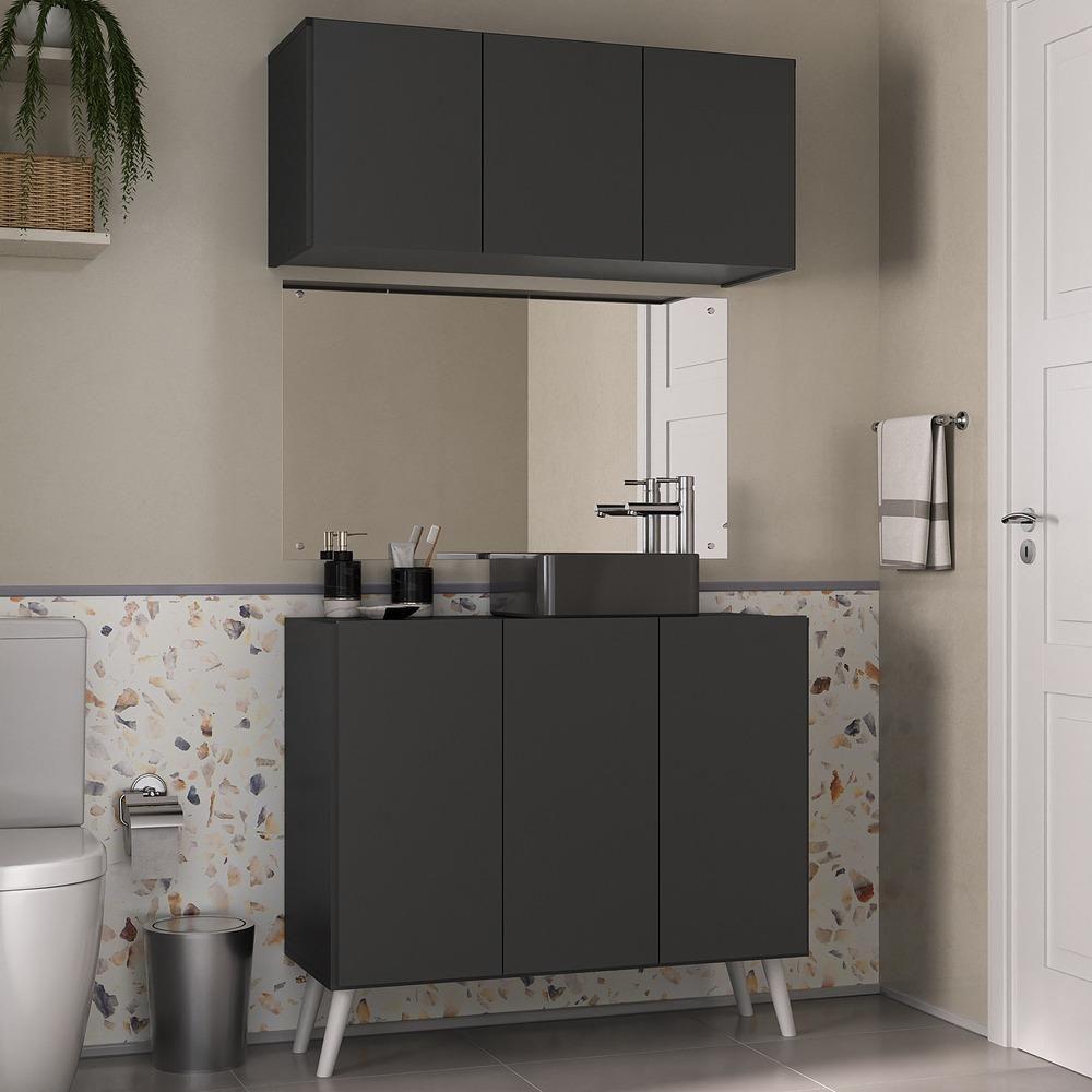 Conjunto Gabinete De Banheiro E Armário Aéreo Retrô Mp5055 Preto branco - 2