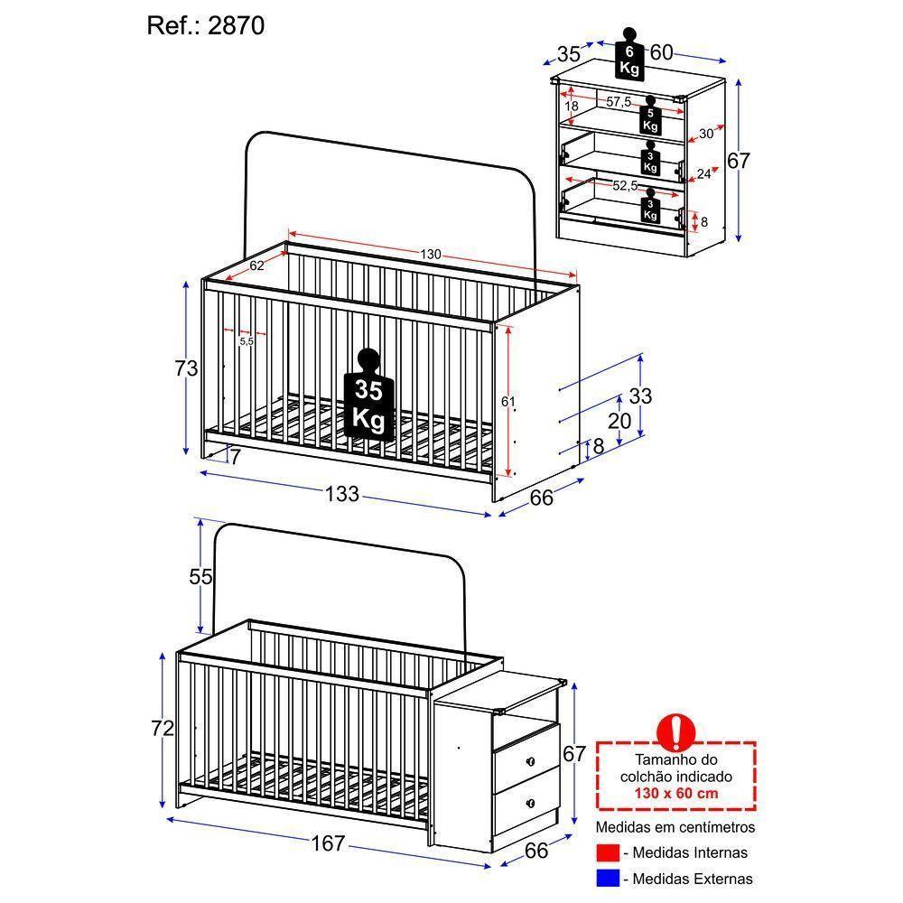 Berço Cômoda Para Colchão 60 X 130 Cm Meu Bebê Branco - 4