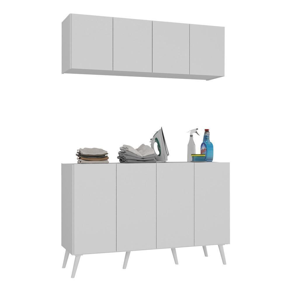 Conjunto Lavanderia Retrô Multiuso Armário Aéreo E Balcão Mp5053 Branco Branco - 1