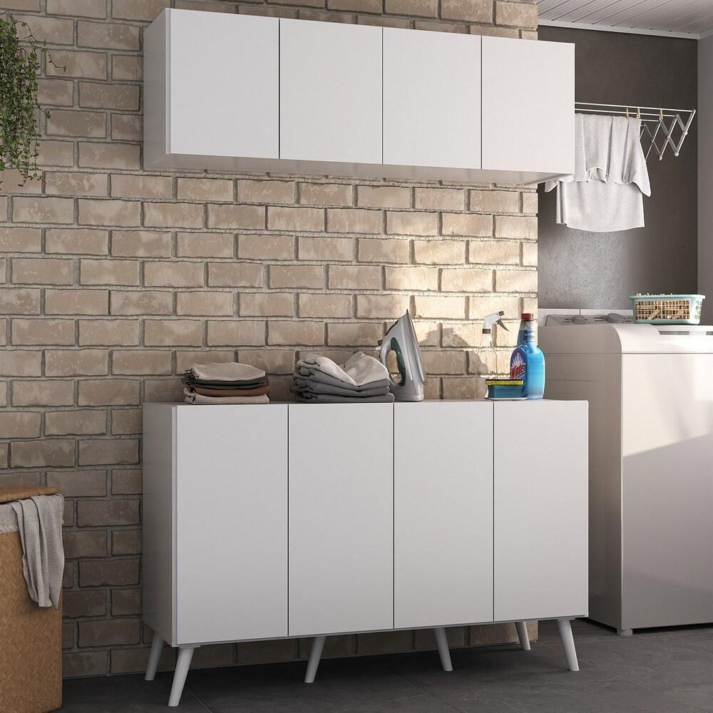 Conjunto Lavanderia Retrô Multiuso Armário Aéreo E Balcão Mp5053 Branco Branco - 2