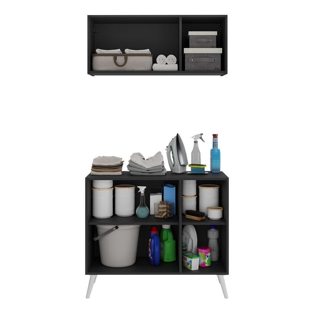 Conjunto Lavanderia Retrô Multiuso Armário Aéreo E Balcão Mp5050 Preto branco - 4