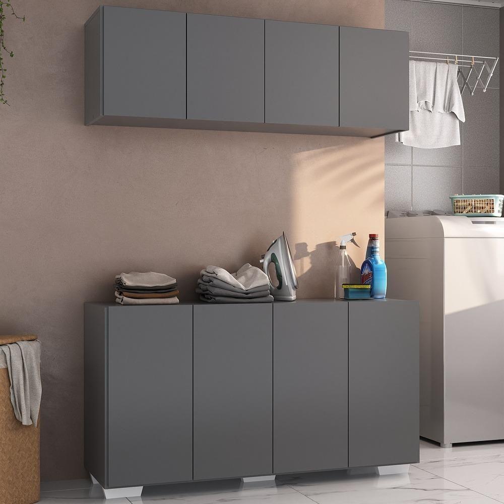 Conjunto Lavanderia Multiuso Armário Aéreo E Balcão Mp5054 Grafite branco - 3