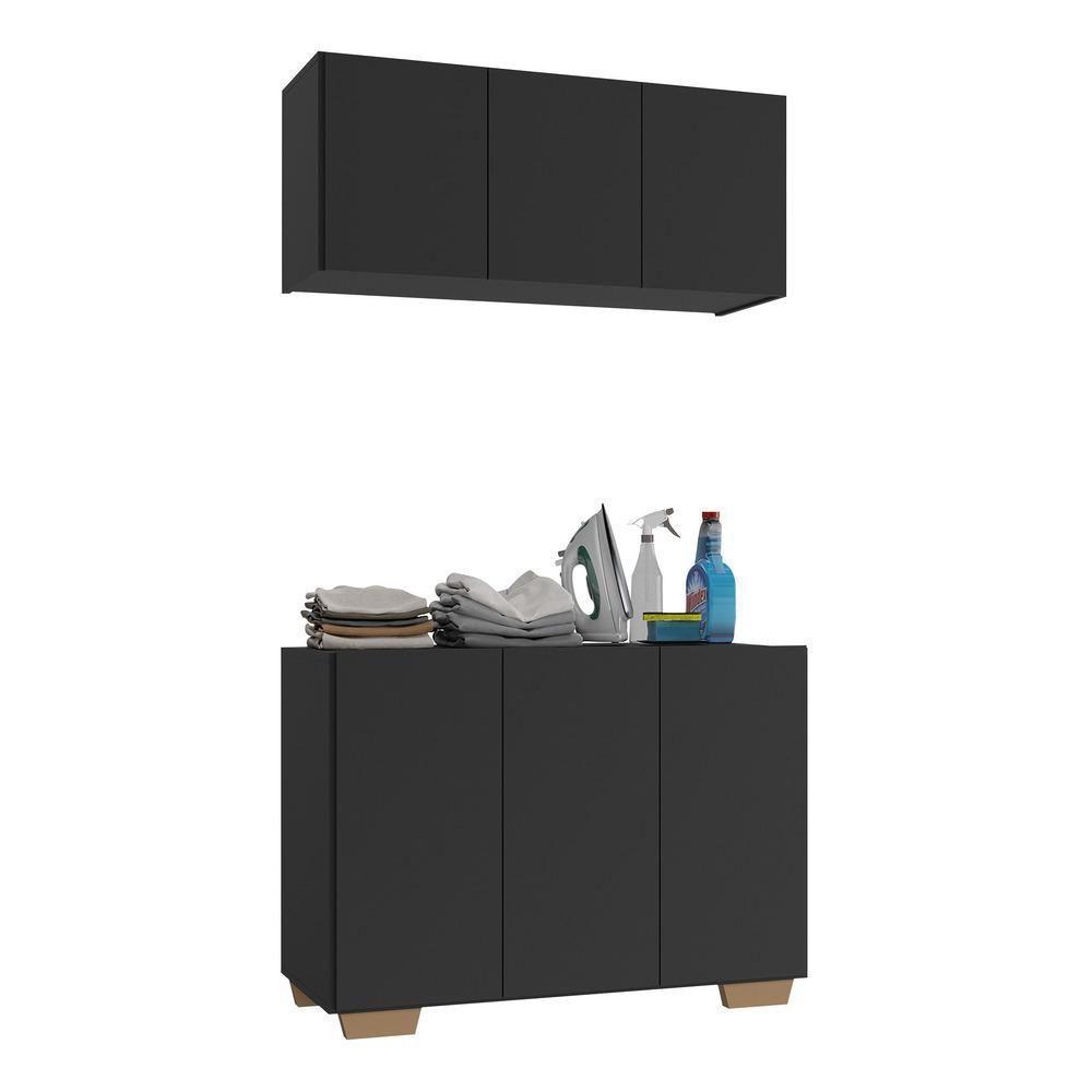 Conjunto Lavanderia Multiuso Armário Aéreo E Balcão Mp5051 Preto natural - 1