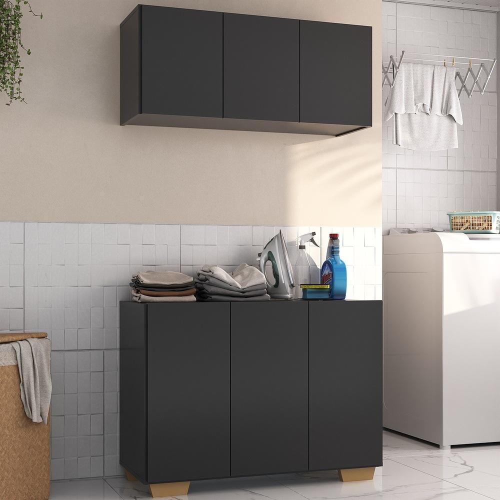 Conjunto Lavanderia Multiuso Armário Aéreo E Balcão Mp5051 Preto natural - 4