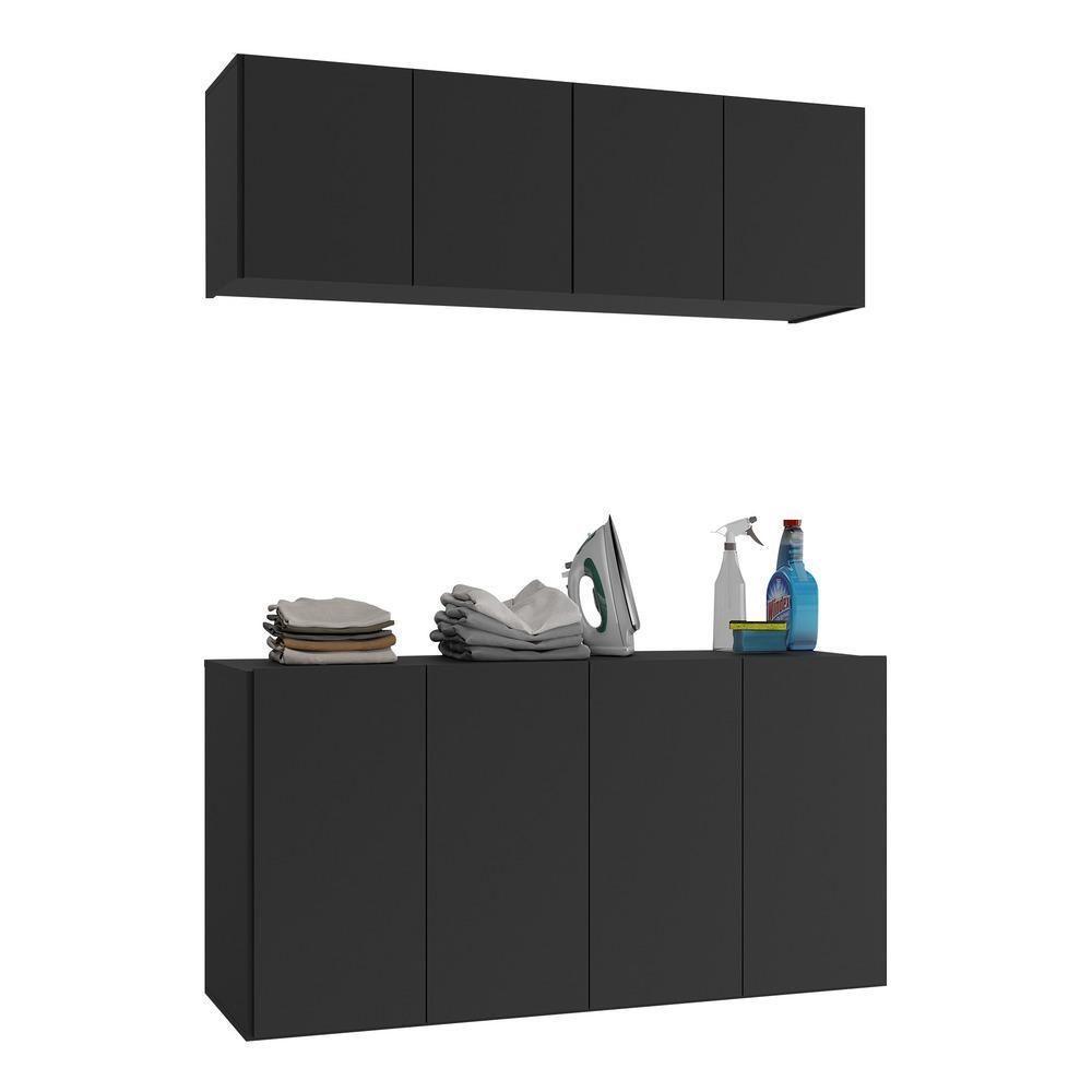 Conjunto Lavanderia Suspenso Multiuso Armário Aéreo E Balcão Mp5052 Preto Preto - 1