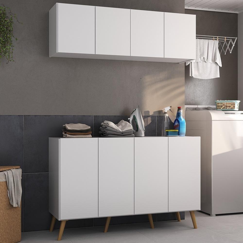 Conjunto Lavanderia Retrô Multiuso Armário Aéreo E Balcão Mp5053 Branco natural - 3