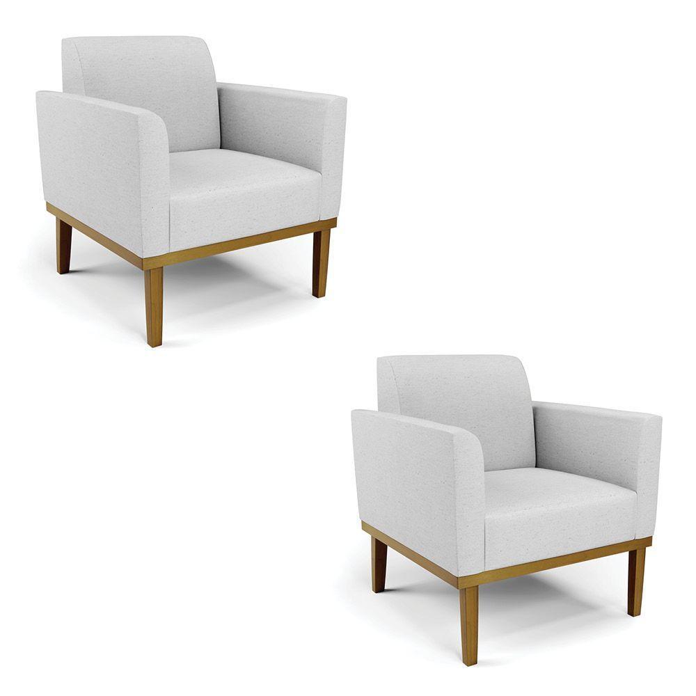 Kit 2 Poltronas Base De Madeira Fixa Castanho Marisa Linho D03 - D'Rossi A05 Cinza - 1