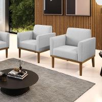 Kit 2 Poltronas Base De Madeira Fixa Castanho Marisa Linho D03 - D'Rossi A05 Cinza - 9