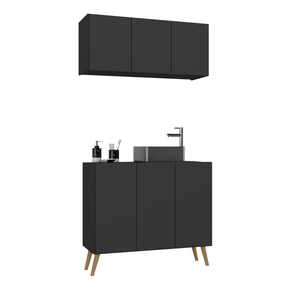 Conjunto Gabinete De Banheiro E Armário Aéreo Retrô Mp5055 Preto natural - 1