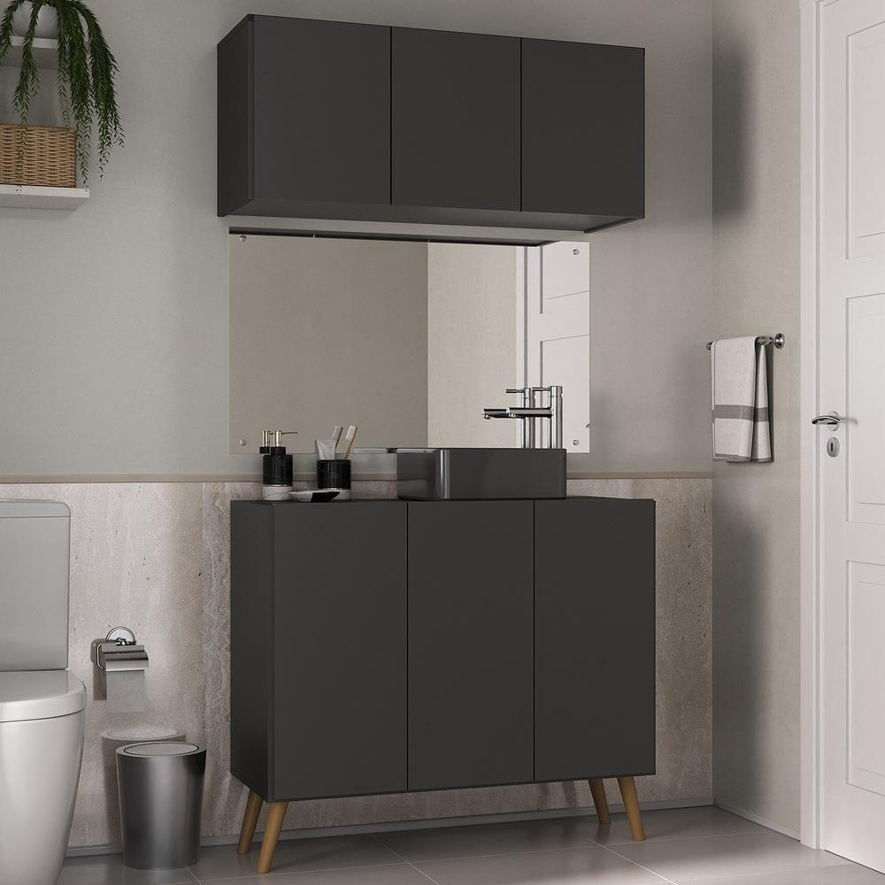 Conjunto Gabinete De Banheiro E Armário Aéreo Retrô Mp5055 Preto natural - 3