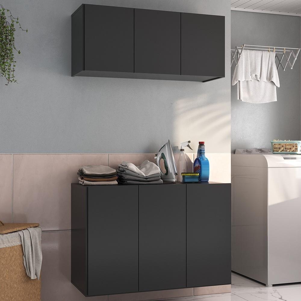 Conjunto Lavanderia Suspenso Multiuso Armário Aéreo E Balcão Mp5049 Preto Preto - 2